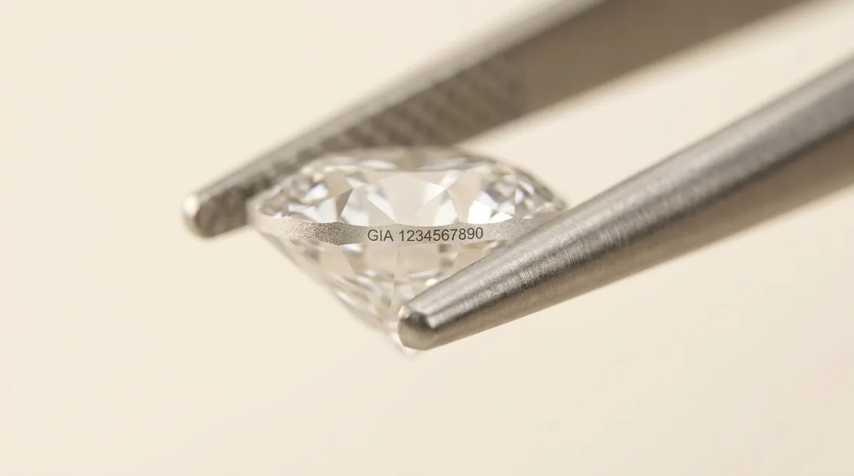 Macro photograph of a round brilliant diamond's girdle showing a tiny laser-engraved report number